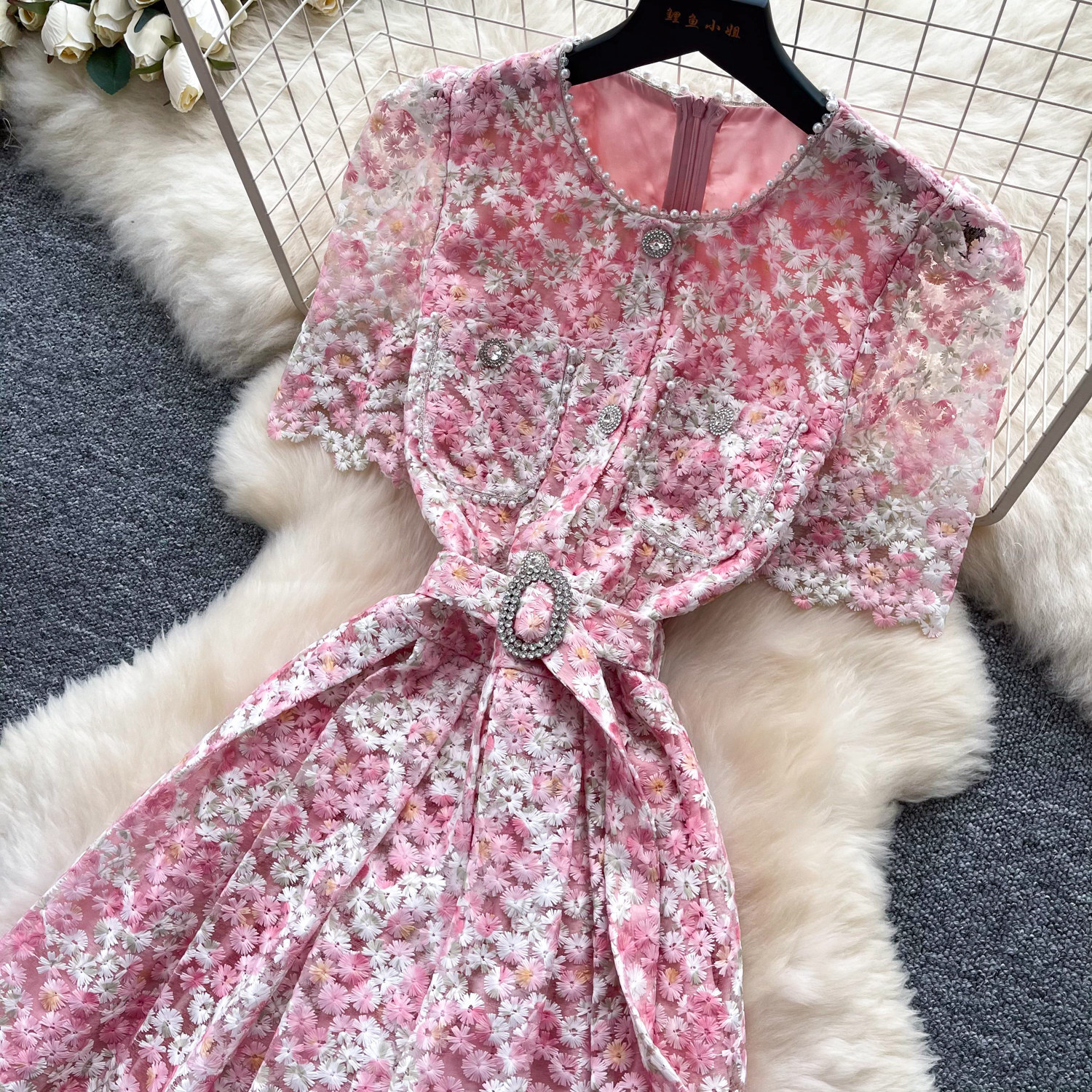 Pink Lace Hollow Out Short Sleeve Dress High Waist A Line Silhouette Elegant Summer Office Wear Wholesale Available