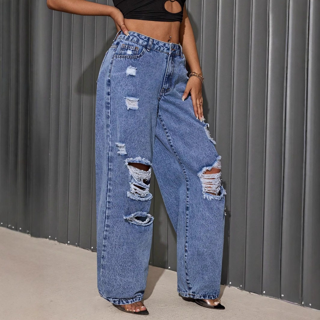 Womens Ripped Straight Leg Jeans Loose Fit Hip Hop Style Casual Wear Wholesale Available OEM ODM service