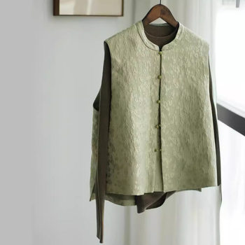 New Chinoiserie Retro Buckle Green Vest for Women 2024 Autumn and Winter National Style Jacquard Zen Improved Tang Suit Vest Jacket