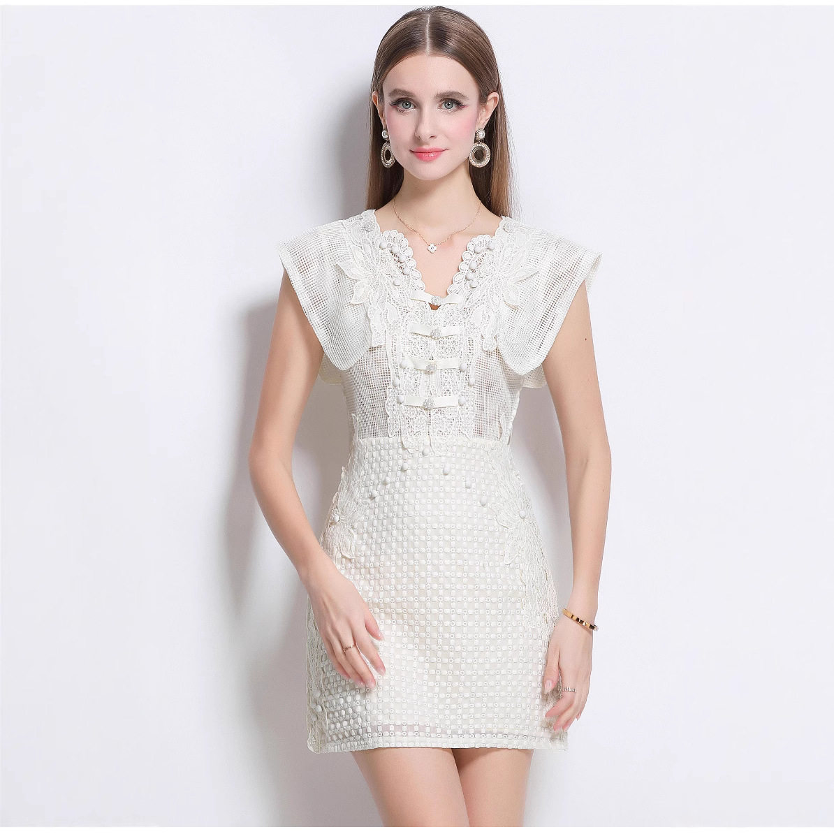 Summer Short Dress Hollow Out Breathable Fabric Sculptural Design Flowy Sleeves Casual Wear for Parties OEM
