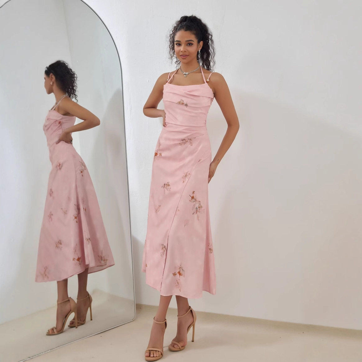 Elegant Pink A Line Midi Dress High Quality Fabric Chic Design Perfect for Spring Summer Events Wholesale Available