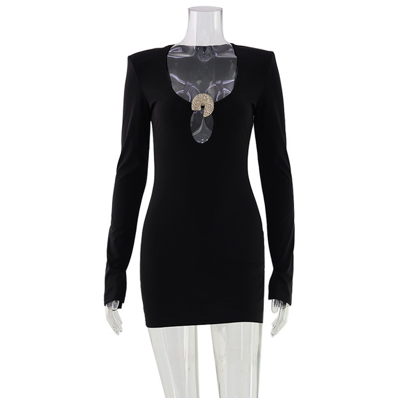 Bodycon Dress Sexy Deep V Neck Hollow Out Solid Color Shoulder Pads Nightclub Outfit Wholesale Available