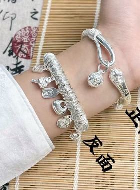 手镯女镀纯银不掉色夸张手链吉言盘缠招财猫黄财神手饰礼品手串