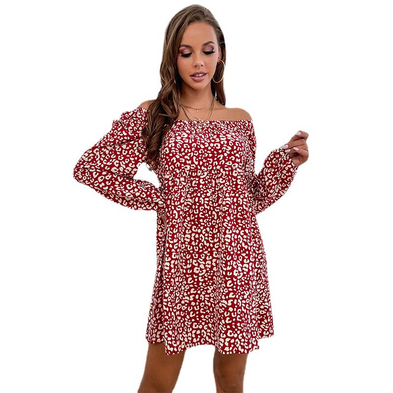 Off Shoulder Leopard Print Beach Dress Square Neck Lightweight Fabric Spring Fall Style Wholesale Available