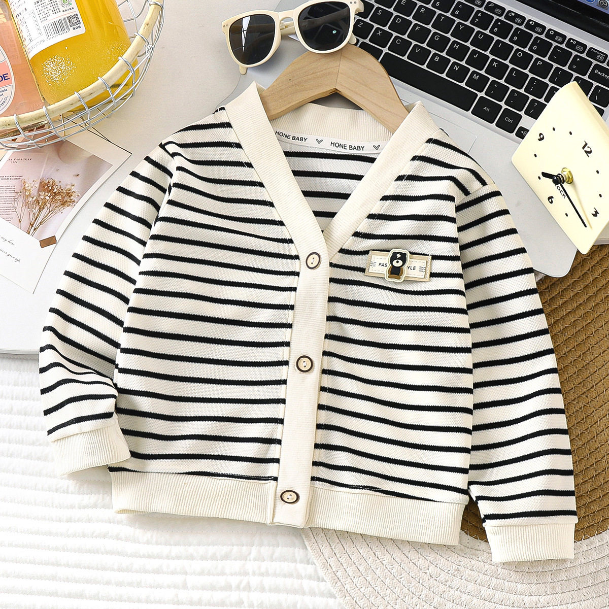 New Boys & Girls Autumn Korean Style Striped Versatile Stylish Coat, Kids' Long-Sleeve Top for Toddlers & Little Kids