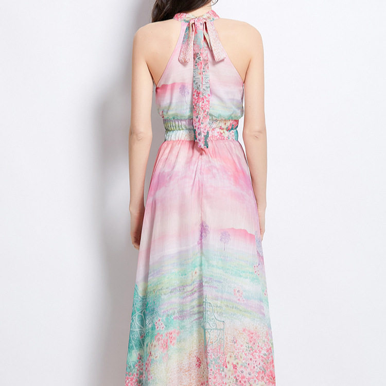 Summer Vacation Off Shoulder Dress Tie Waist Lantern Sleeves Floral Print Chiffon Fabric Perfect for Beach Parties