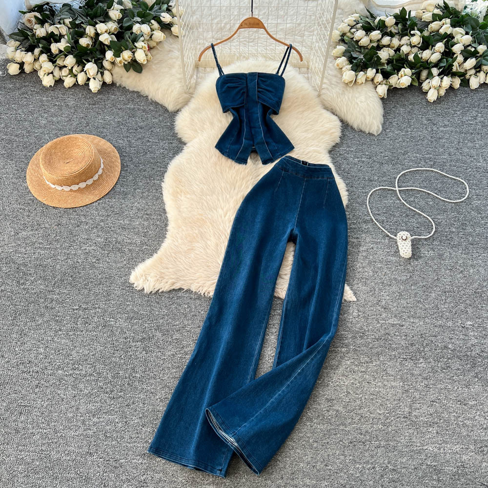 Denim Crop Top and High Waisted Wide Leg Pants Set Slim Fit Sleeveless Casual Style Spring Summer Collection