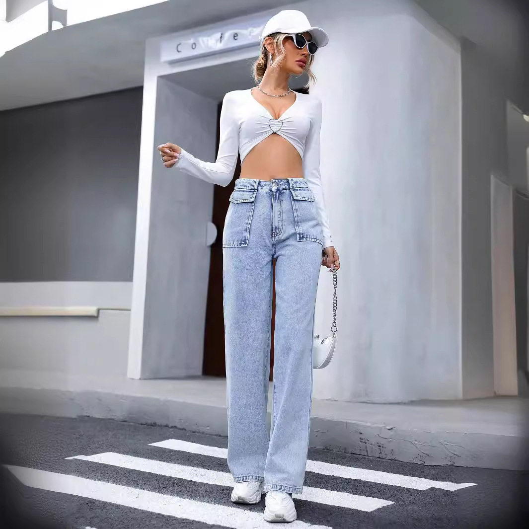 High Waisted Straight Leg Denim Pants Pocket Design Casual Style Womens Fashion Wholesale Available