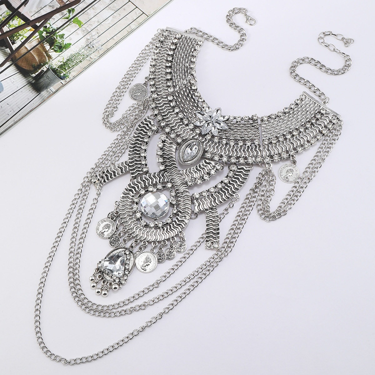 Fashion Retro Carved 8-character Large Exaggerated Tassel Multi-layer Diamond Necklace Women Casual Party Short Collar