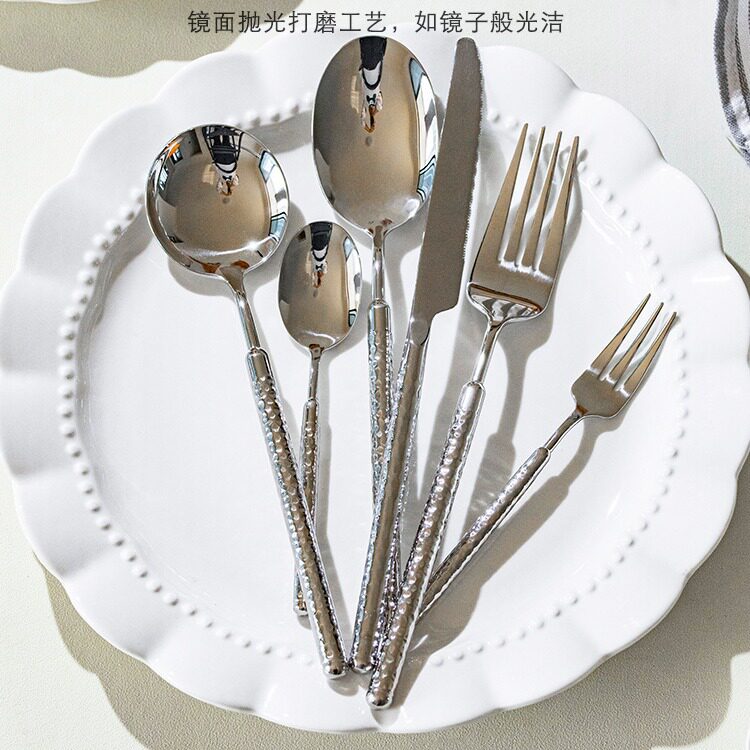 304 Stainless Steel Round Diamond Hammer Western Tableware Solid Handle Restaurant Hotel Steak Knife and Fork Spoon Dessert Spoon suit