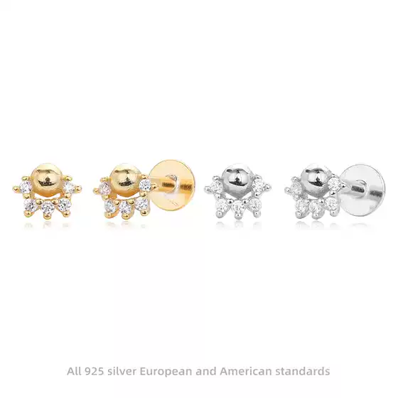 Cross-Border New S925 Sterling Silver Earrings, Fashionable Ball Inlaid Zirconium Nose Stud Earrings, Popular Flats Bottom Threaded Piercing Jewelry