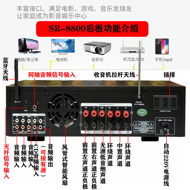 Free Shipping 5-Channel Amplifier 5.1 Home Amplifier High Power Karaoke Amplifier Digital Coaxial Remote Control Blue