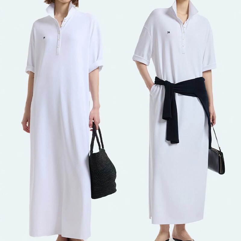 Đầm polo nữ dáng suông dài tay ngắn cổ polo phong cách tối giản — màu đen, Màu nâu, Màu trắng