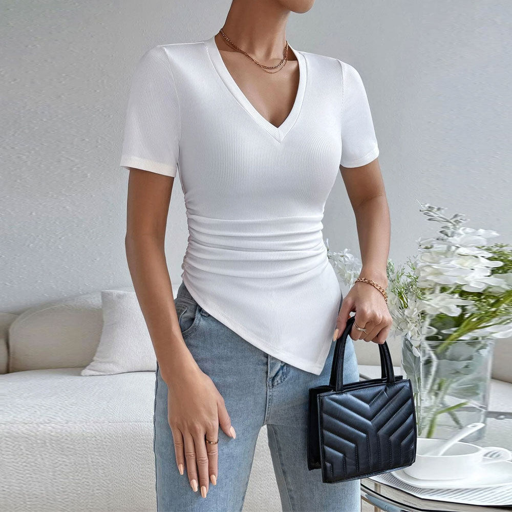 Womens Fashion Top Sexy V Neck Slim Fit Asymmetrical Hem Short Sleeve Stylish and Versatile for Casual Wear