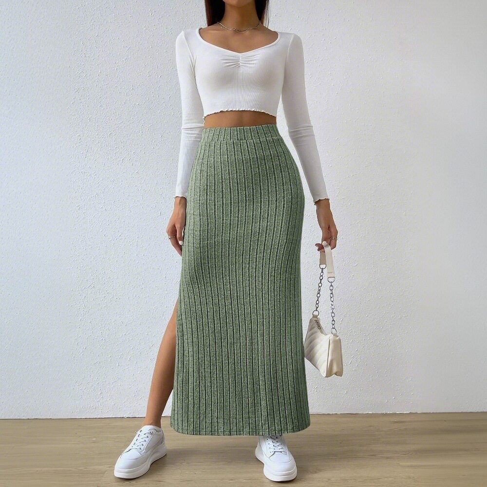 Elegant High Waisted Midi Skirt Simple Design Side Slit Slim Fit Spring Summer Womens Fashion Wholesale Available