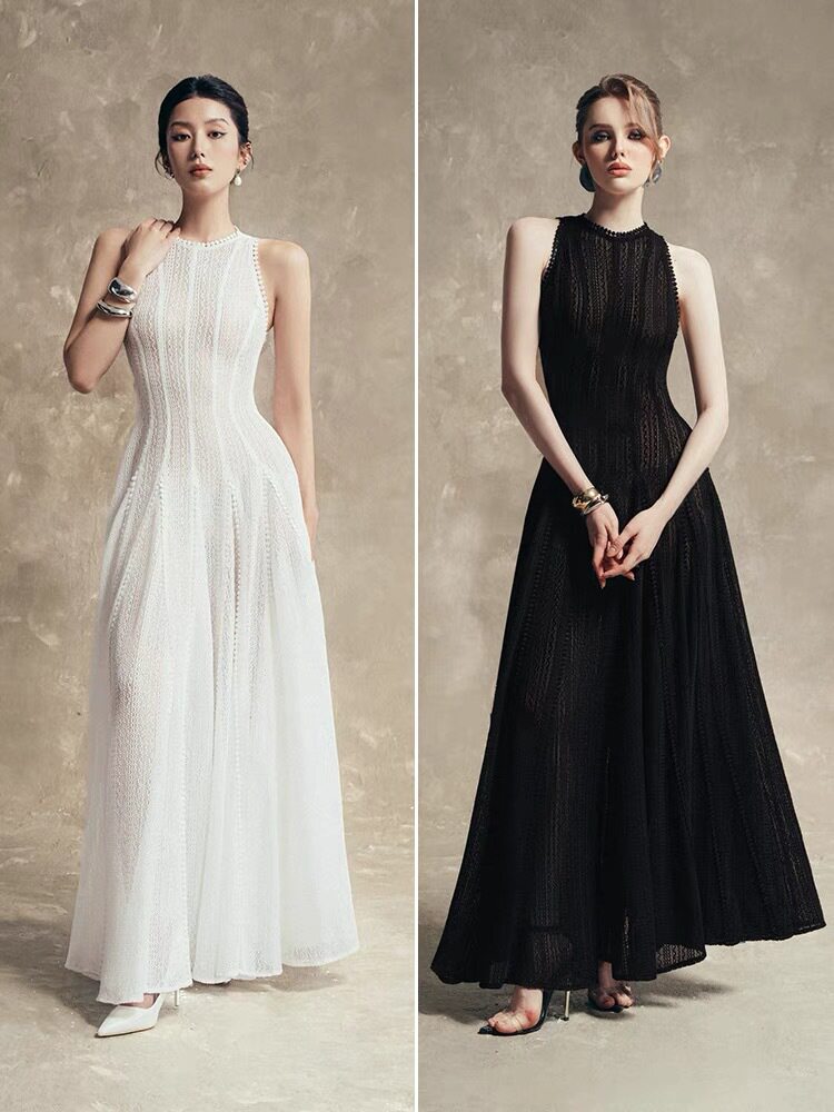 Đầm maxi nữ thắt eo cổ tròn không tay dáng suông — Trắng (không tay), Đen (không tay), Trắng (tay dài), Đen (tay dài) chi tiết 2