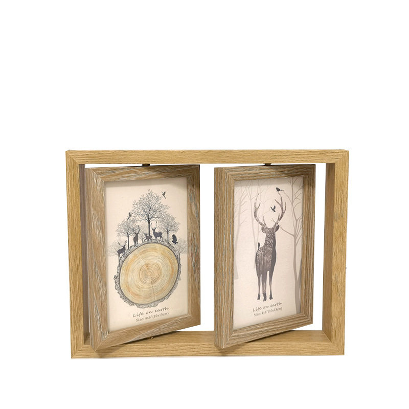 Factory direct sales two-piece rotating photo frame creative ornaments personalized table decoration wooden photo frame solid wood photo frame table