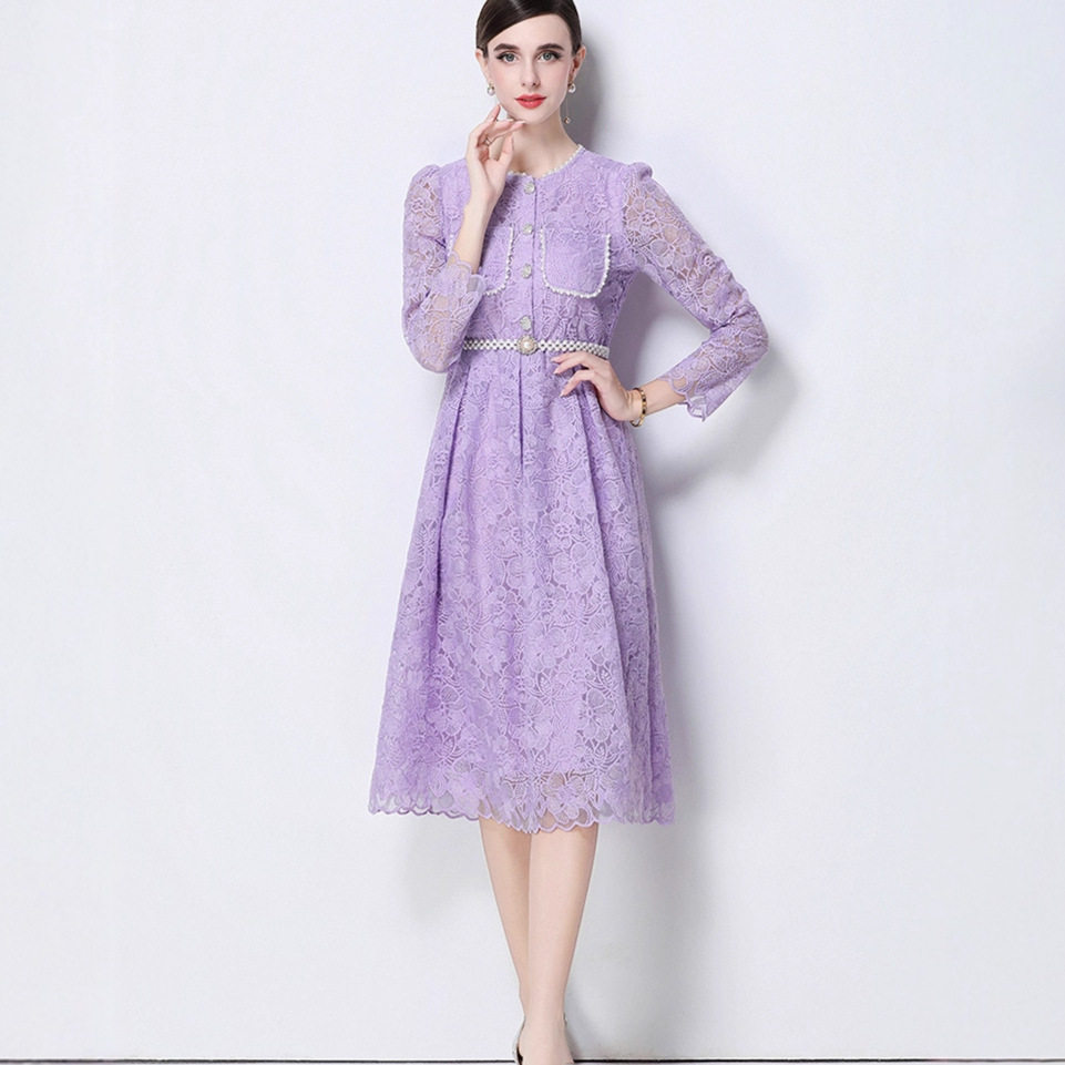 French Elegant Lace Dress Beaded Waist Tie Floral Design Evening Wear Cocktail Party Wholesale Available