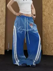 Factory American Retro Casual Letter Print Wide-Leg Pants for Women, Blue Striped Patchwork Loose Sports Style Long Pants