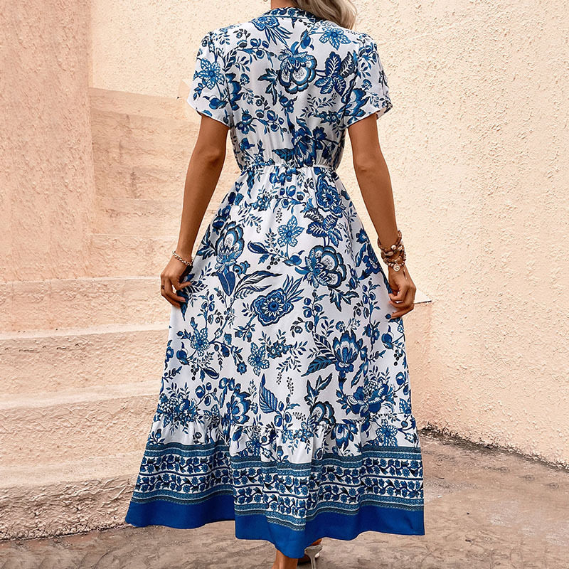 Vintage Floral Print Maxi Dress Slim Fit Blue Color Casual Style Perfect for Vacation Wholesale Available