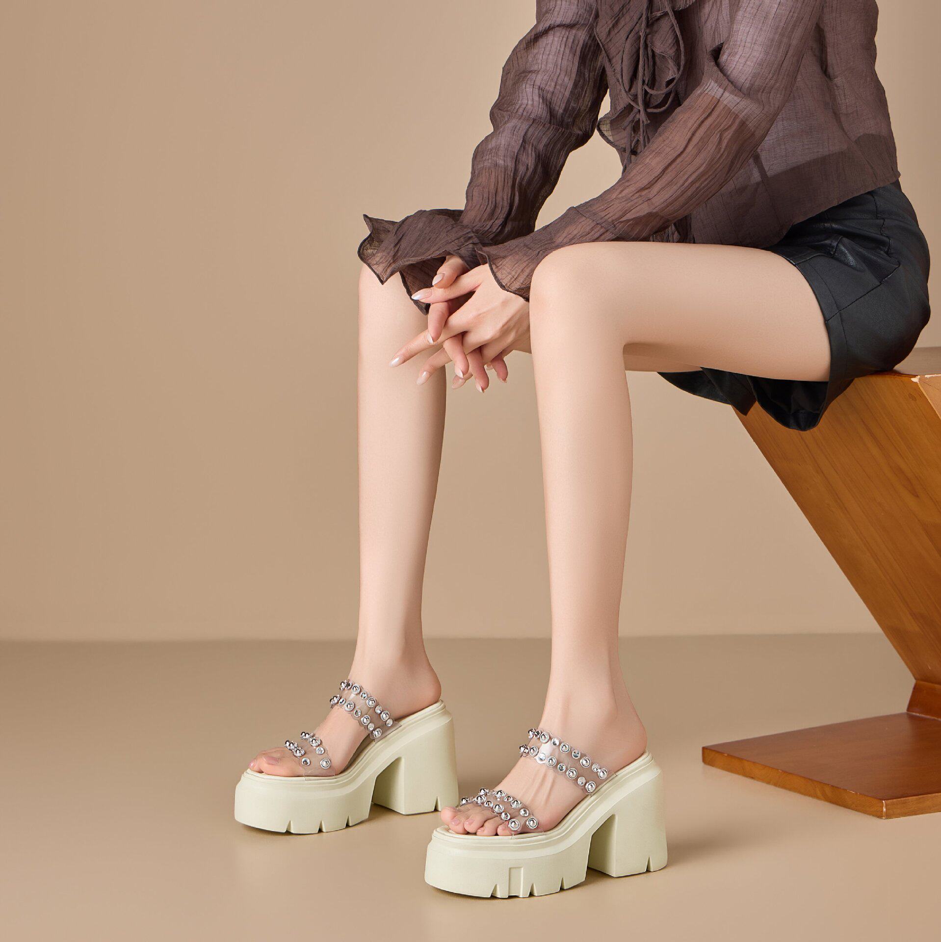 Sandal cao gót nữ đế dày 12 cm quai ngang đính đá, mũi hở, gót vuông — [Trắng kem], [Vàng nhạt]