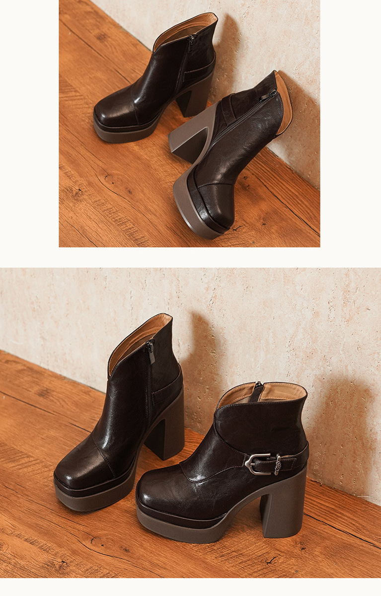 Boot nữ gót cao 12cm da bò cổ ngắn khóa kéo bên hông — màu đen, Màu nâu