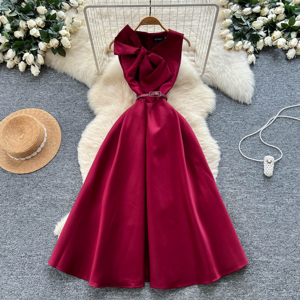 Elegant Womens Dress French Style 3D Bow V Neck Sleeveless Waist Defining Perfect for Formal Occasions
