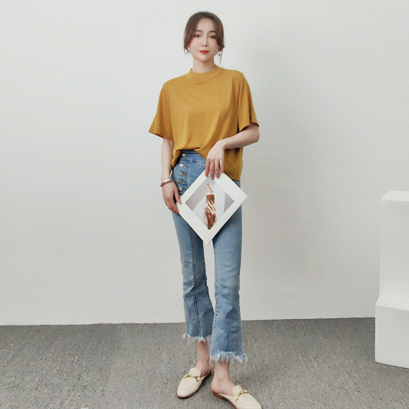 23美丽诺细羊毛小圆领五分袖针织衫女短袖T恤女美丽诺超细羊毛衫
