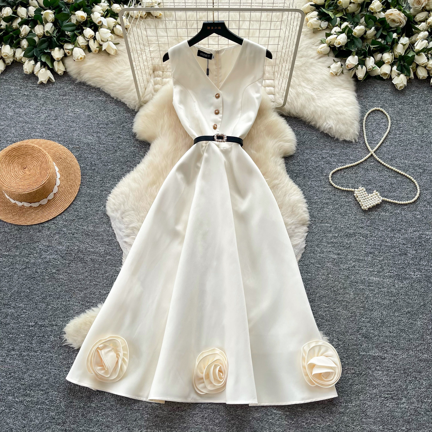 Sleeveless A Line Dress for Women Waist Defining 3D Floral Design Slim Fit Summer Office Wear or Special Occasion