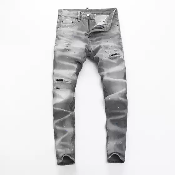 European and American High Street Fashion Men's Jeans Old Grey Washed Ripped Patch Paint Trendy Brand Slim-fit Skinny Pants