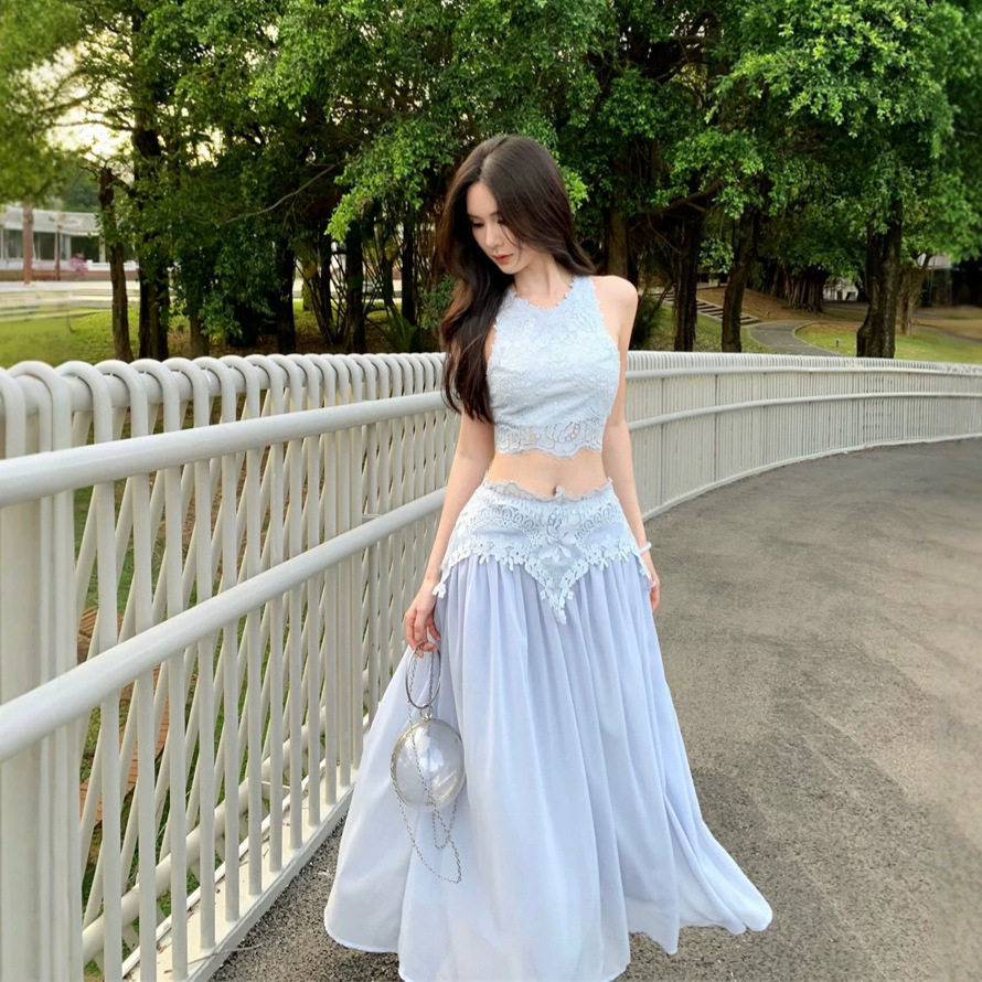 French Style Womens Two Piece Set Hollow Crochet Sleeveless Top High Waisted Patchwork Midi Skirt Summer Fashion