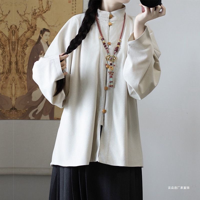 Light Shirt Style: Ming Dynasty Autumn and Winter Thickened Fleece Stand Collar Double-Breasted Bow Pocket Sleeve Short Jacket with Mamian Skirt for Daily Commuting Hanfu