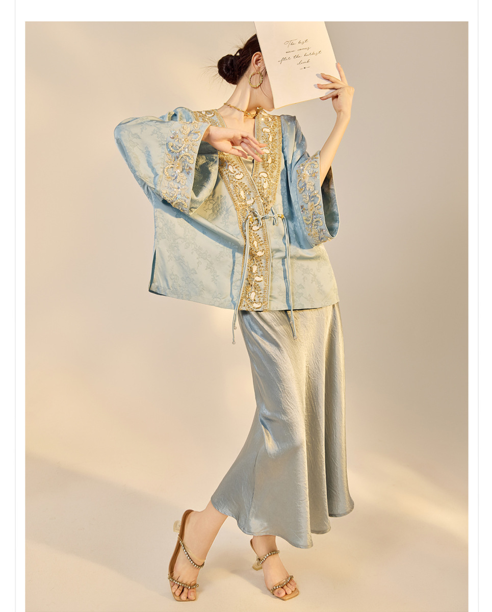 Áo khoác nữ thêu đính cườm dáng rộng cổ chữ V phong cách cổ điển — Jiyue Blue (Giao hàng trong ngày), Xanh Jiyue (giao hàng trong 7 ngày)