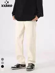 Muxi Apparel # Off-White Loose Stretch Slim Straight-Leg Jeans for Men Casual Fashion