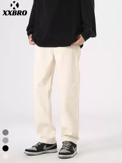 Muxi Clothing # Off-White Loose-Fitting Stretchy Versatile Slim-Fit Jeans Straight-Leg Pants for Men, Fashionable and Casual.