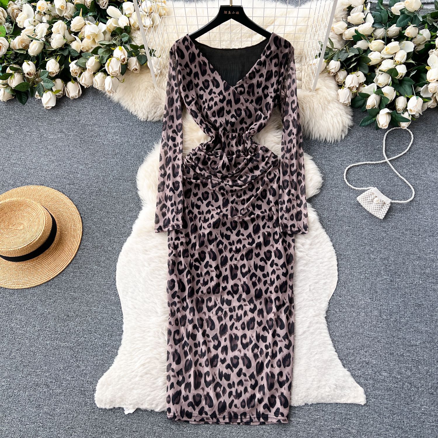 French Style Long Sleeve V Neck Gradient Print Mesh Dress Slim Fit Bodycon Lightweight Autumn Wear Wholesale
