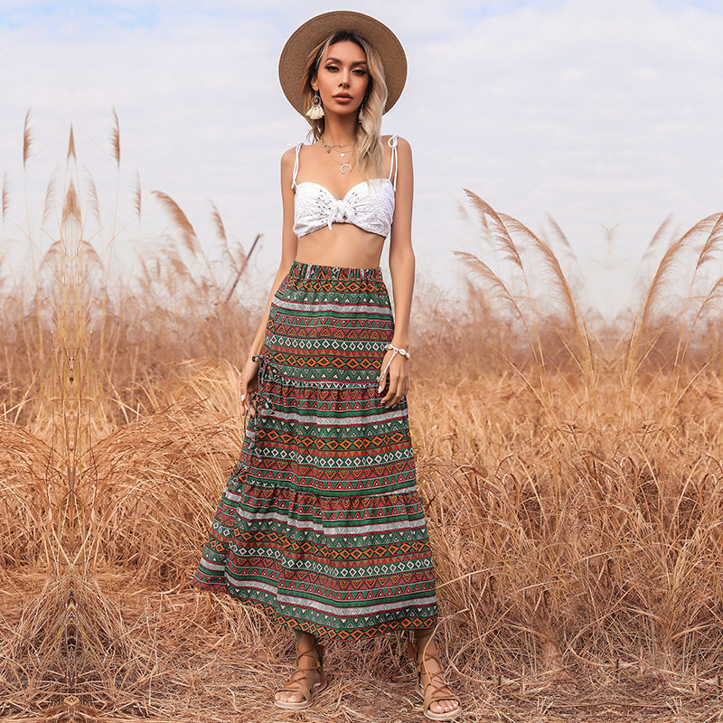 Bohemian Print Maxi Skirt High Waist A Line Side Slit Casual Summer Wear Wholesale Available