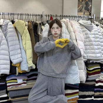 [Wow]Fleece Suit! Korean Hooded Half-Zip Sweatshirt + High-Waist Slim Scimitar Casual Pants Two-Piece Set