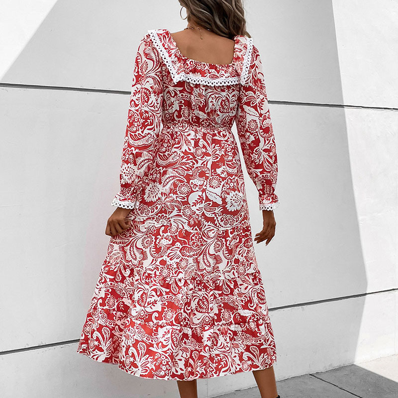 Red Floral Long Sleeve Dress Elegant Design Perfect for Valentines Day Spring and Autumn Wear Wholesale Available