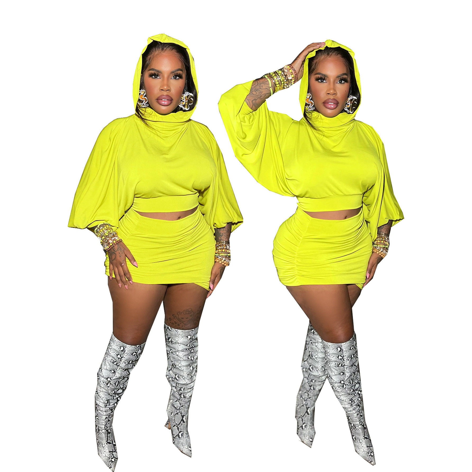 GL602 European and American Cross-border Spring and Summer Hooded Bubble Sleeve Navel Short Top Waist Pleated Bag Skirt Two-piece Suit