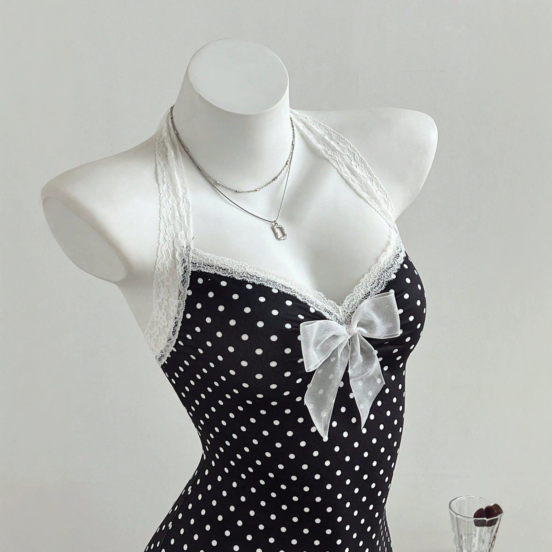 Lace Trim Polka Dot A Line Dress Adjustable Spaghetti Straps Waist Cinching Elegant Style Perfect for Summer Events