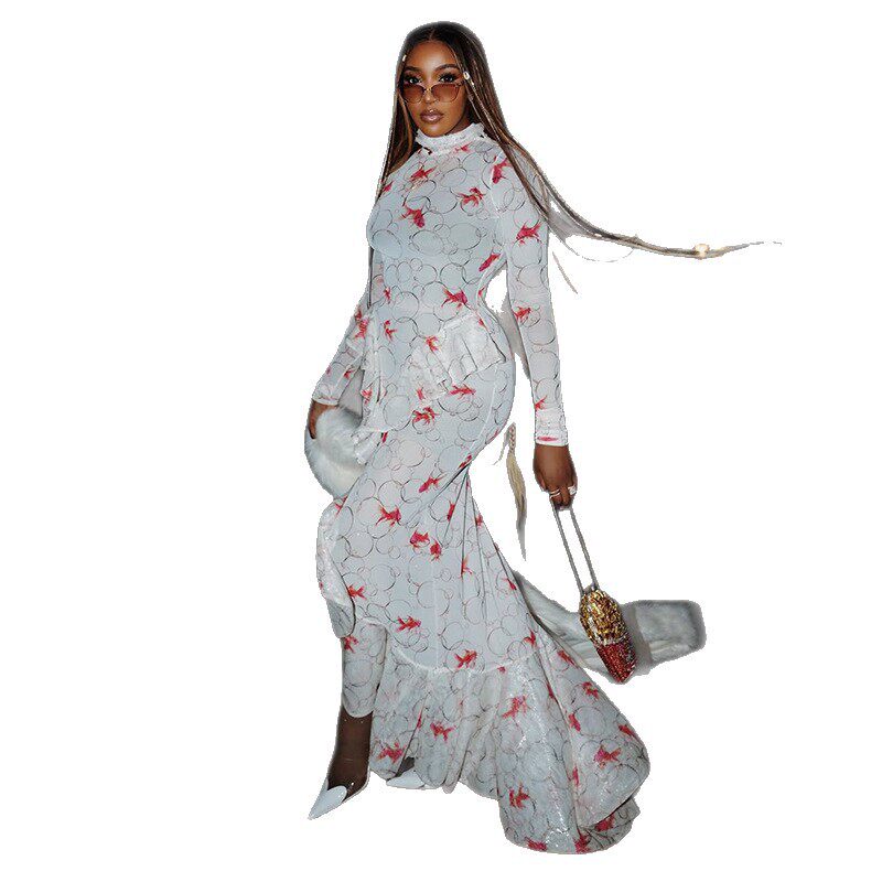 Womens Long Sleeve Bodycon Dress Fresh Goldfish Print High Neck Side Slit Casual or Party Wear OEM Available