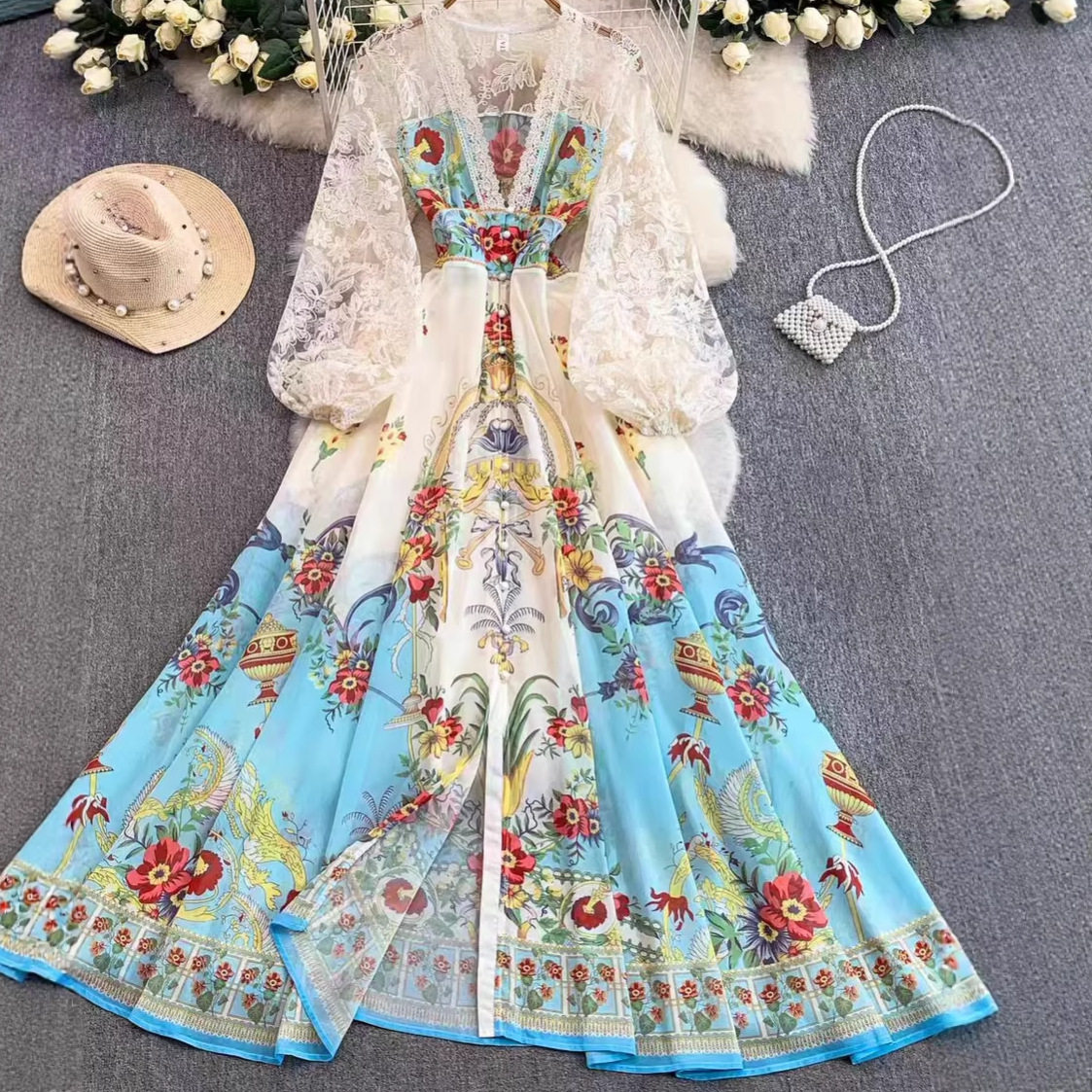 Elegant Lace Trimmed V Neck Dress Vintage Floral Print Waist Cinching Flared Skirt Spring Fall Occasion Wholesale
