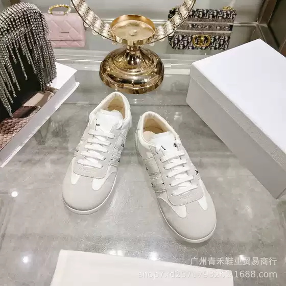 European and American Style 26 New Models D Brand Leather and Satin Patchwork Letter Embroidery Casual Sneakers Versatile Flat White Shoes for Women