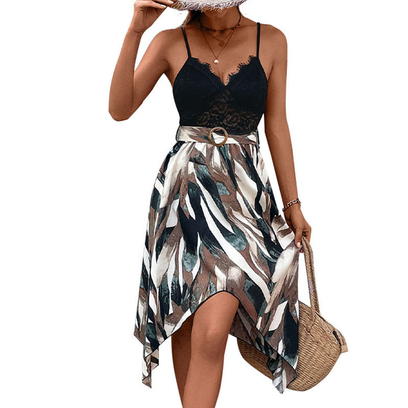 Elegant Womens Abstract Print Slip Dress Irregular Lace Paneling Perfect for Parties and Special Occasions Wholesale