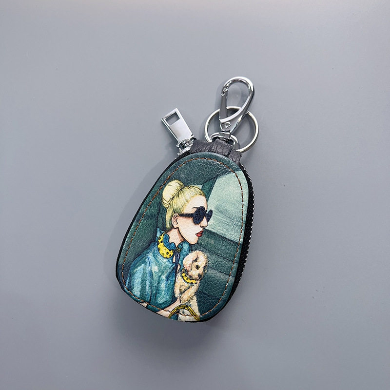 2023 New genuine leather women's key case retro ethnic style fashion zipper ornaments car key color printing women's bag
