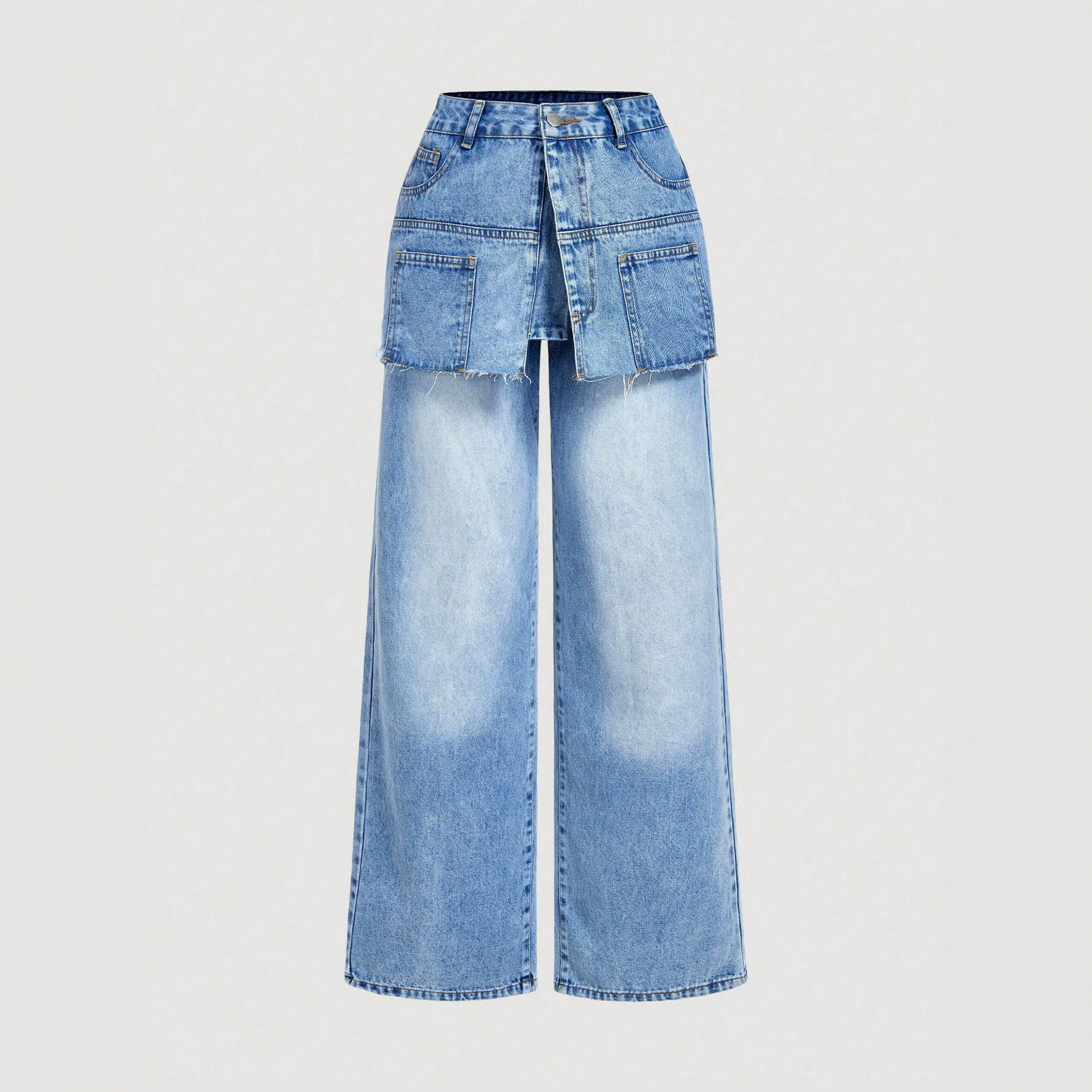 Fashionable Two Piece Look Wide Leg Jeans Trendy Design Comfortable Fit Versatile Style Perfect for Casual Outings