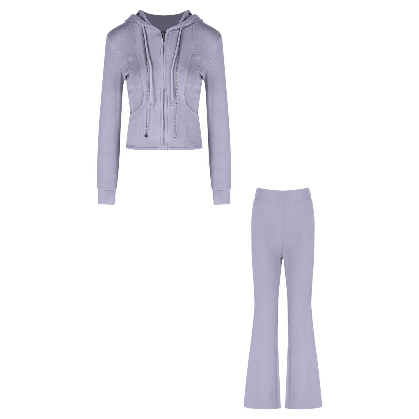 Casual Sports Suit Purple Hooded Waist Short Zipper Jacket Women's Autum Micro-Flared Pants Two-Piece Set