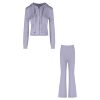 Casual Sports Suit Purple Hooded Waist Short Zipper Jacket Women's Autum Micro-Flared Pants Two-Piece Set