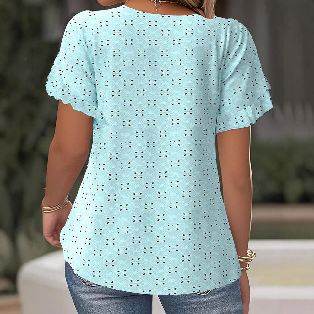 Womens Casual Summer Top Solid Color Lace Trim Short Sleeve Hollow Out Design Perfect for Everyday Wear